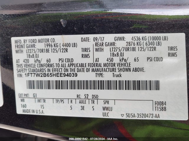 Ford F-250 Xl 2017 1FT7W2B65HEE94039 Image 9