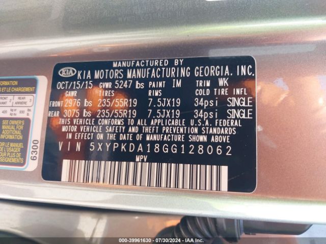 5XYPKDA18GG128062 KIA Sorento 2.0t Sxl