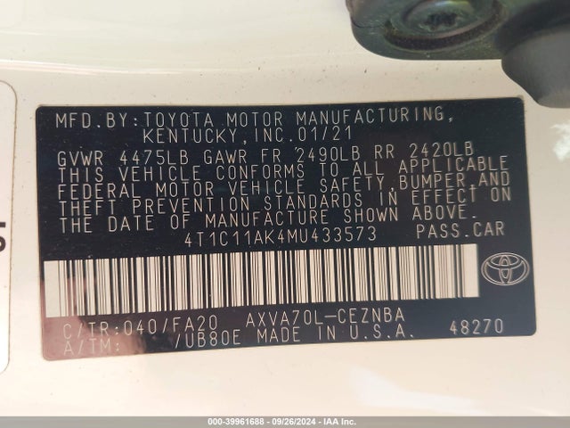 Toyota CAMRY LE 2021 4T1C11AK4MU433573 Image 9