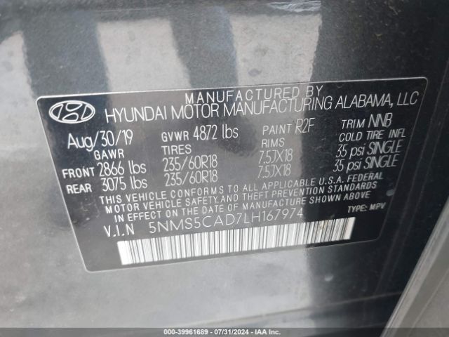 5NMS5CAD7LH167974 Hyundai Santa Fe Limited