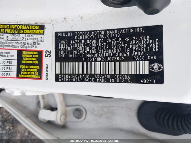 Toyota CAMRY SE 2018 4T1B11HK2JU073622 Image 9