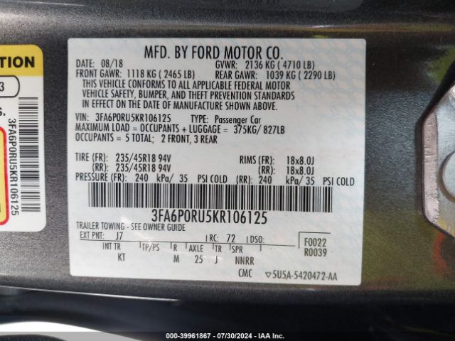 3FA6P0RU5KR106125 Ford Fusion Hybrid Titanium