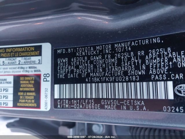 4T1BK1FK9FU028183 Toyota Camry Xse V6