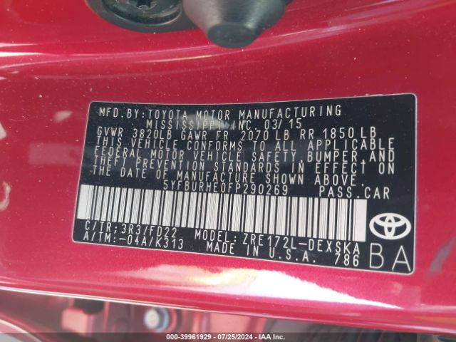 5YFBURHE0FP290269 Toyota Corolla S