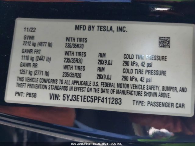 5YJ3E1EC5PF411283 Tesla Model 3 Performance Dual Motor All-wheel Drive