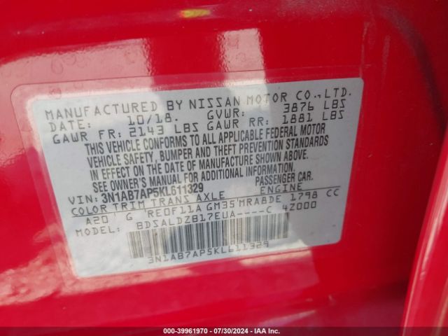 3N1AB7AP5KL611329 Nissan SENTRA SV
