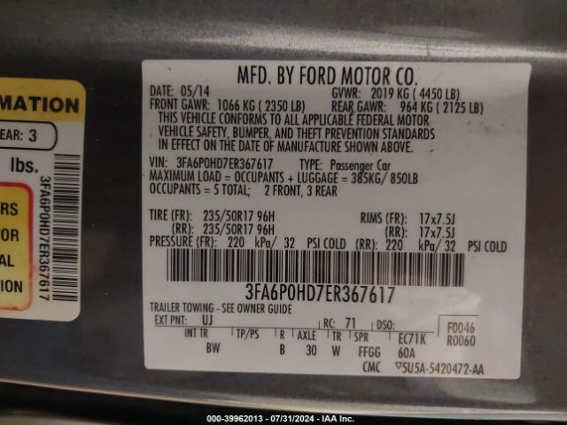 3FA6P0HD7ER367617 Ford FUSION SE