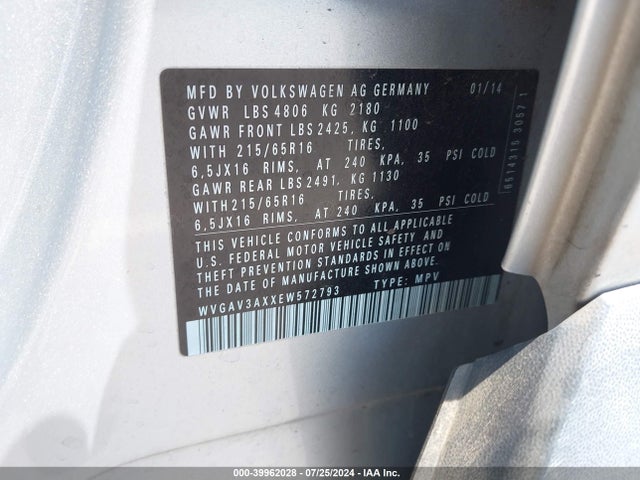 WVGAV3AXXEW572793 Volkswagen TIGUAN S