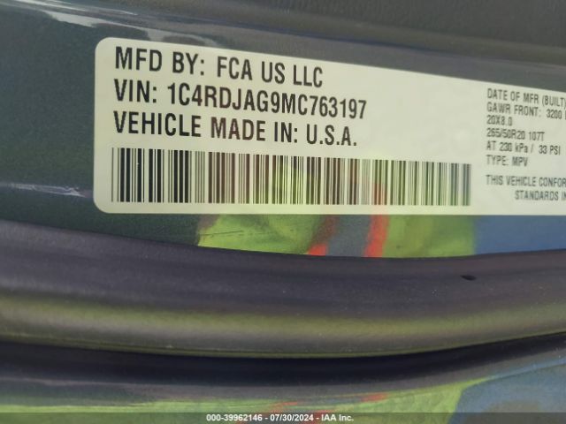 1C4RDJAG9MC763197 Dodge Durango Sxt Plus Awd