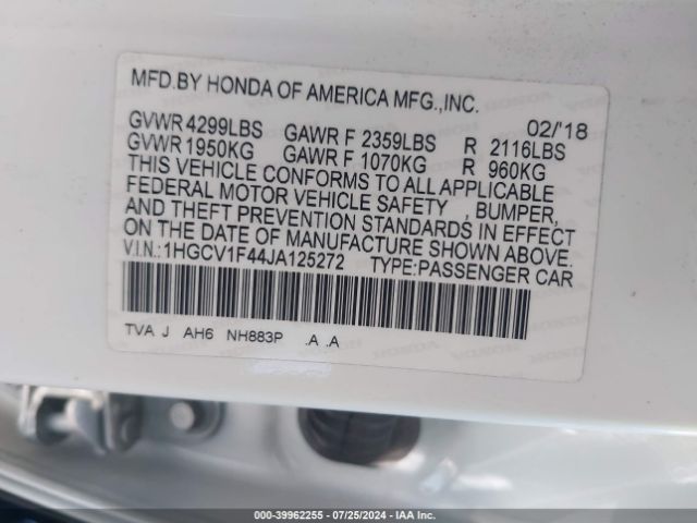 1HGCV1F44JA125272 Honda ACCORD EX