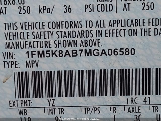 1FM5K8AB7MGA06580 Ford Police Interceptor Utility