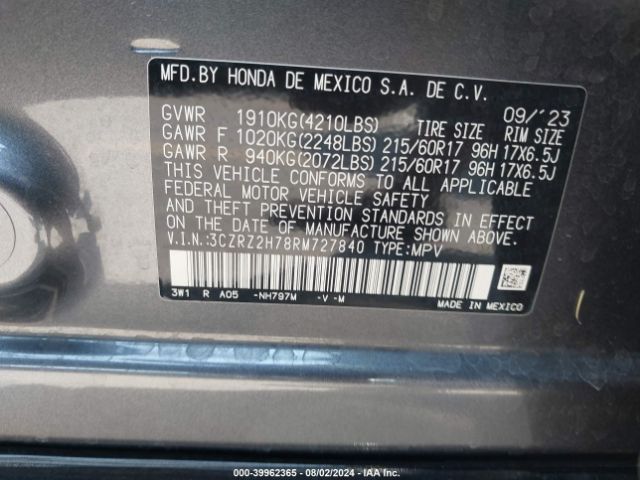 3CZRZ2H78RM727840 Honda Hr-v Awd Ex-l/awd Ex-l W/o Bsi