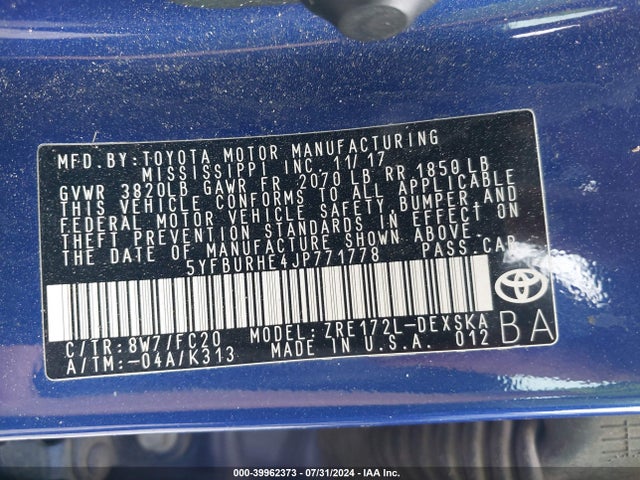 Toyota COROLLA SE 2018 5YFBURHE4JP771778 Image 9