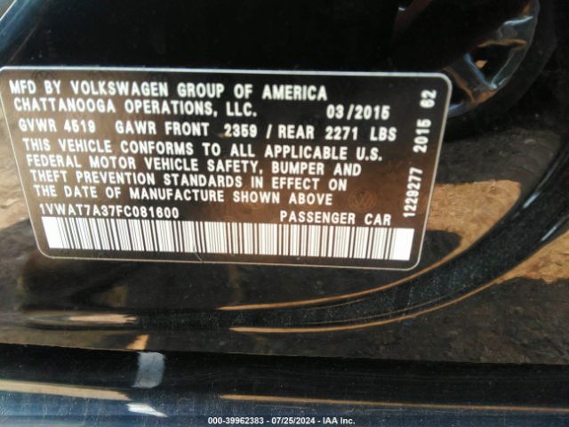 1VWAT7A37FC081600 Volkswagen Passat 1.8t Wolfsburg Edition
