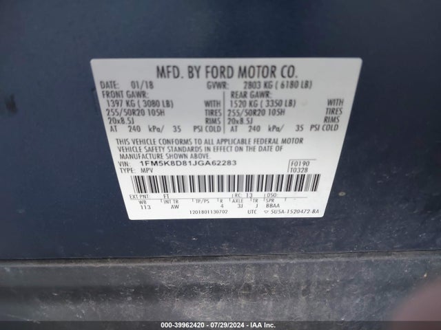 Ford EXPLORER XLT 2018 1FM5K8D81JGA62283 Image 9