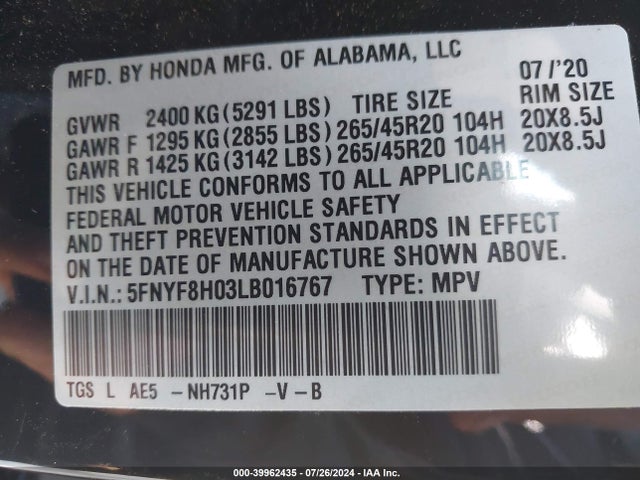 Honda Passport Awd Elite 2020 5FNYF8H03LB016767 Image 9