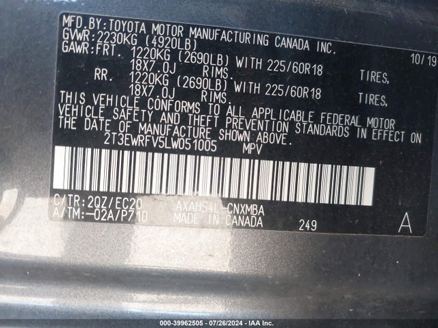 2T3EWRFV5LW051005 Toyota Rav4 Hybrid Xse