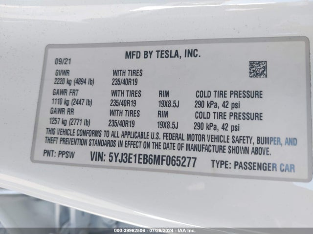 2021 TESLA MODEL 3 5YJ3E1EB6MF065277 Photo 8