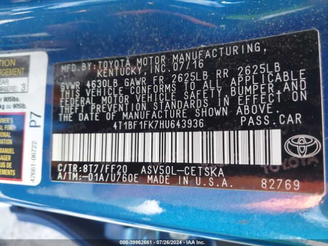 4T1BF1FK7HU643936 Toyota CAMRY SE