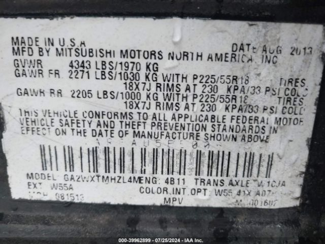 4A4AR3AU5EE006148 Mitsubishi Outlander Sport Es