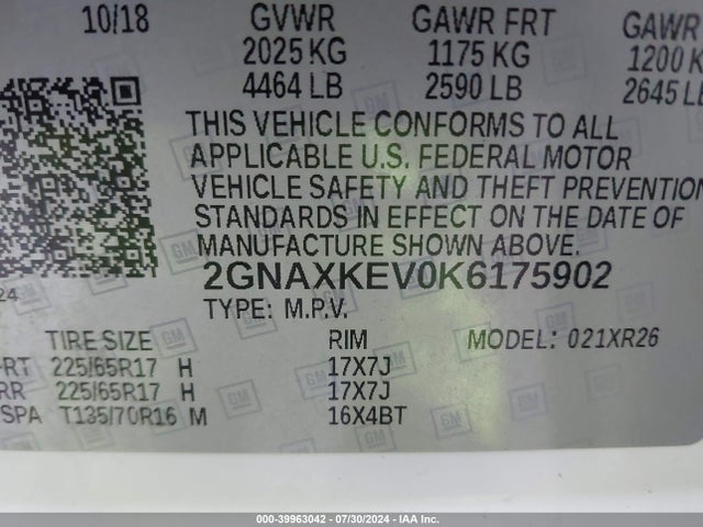 Chevrolet EQUINOX LT 2019 2GNAXKEV0K6175902 Image 9