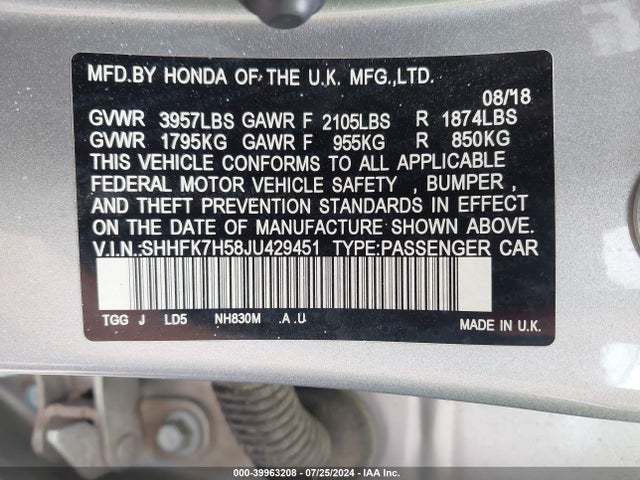 Honda CIVIC EX 2018 SHHFK7H58JU429451 Image 9