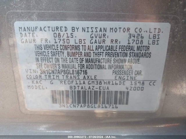 Nissan Versa 1.6 S+ 2016 3N1CN7AP8GL816716 Image 9