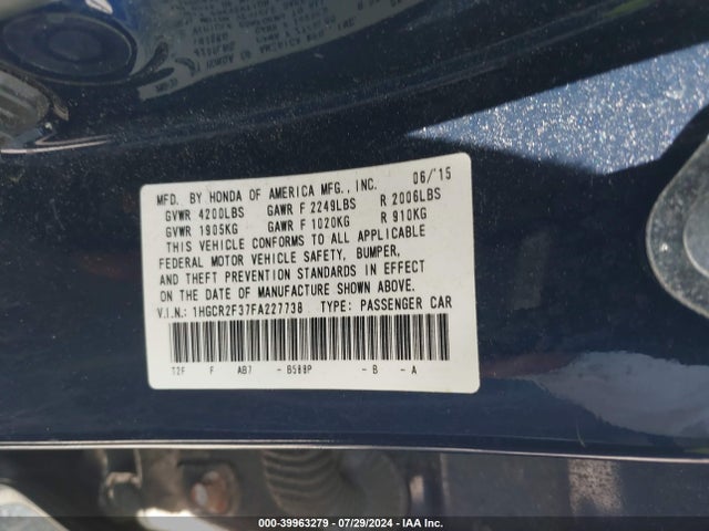 Honda ACCORD LX 2015 1HGCR2F37FA227738 Image 9