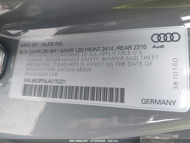 WAUBEGFF9LA015221 Audi A3 Premium 45 Tfsi S Line Quattro S Tronic
