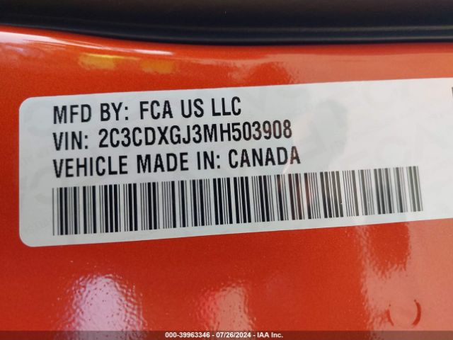 2C3CDXGJ3MH503908 Dodge Charger Scat Pack Rwd