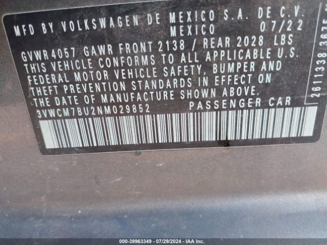 3VWCM7BU2NM029852 Volkswagen Jetta 1.5t S
