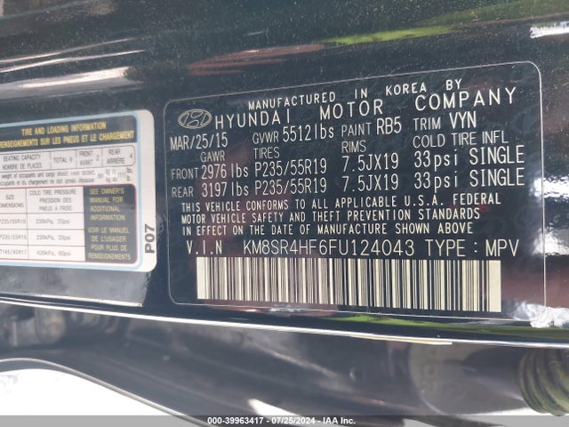 Hyundai Santa Fe Limited 2015 KM8SR4HF6FU124043 Image 9