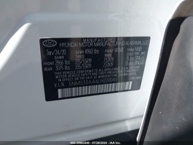 5NMS33AA6LH220045 Hyundai Santa Fe Sel 2.0t