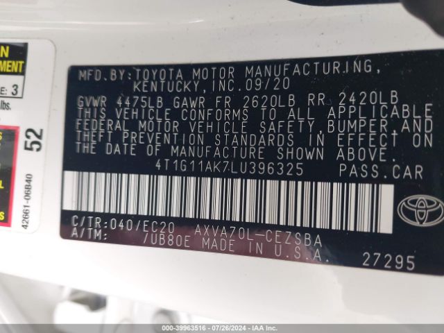 4T1G11AK7LU396325 Toyota Camry Se Nightshade Edition