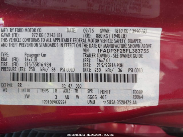 Ford FOCUS SE 2015 1FADP3F28FL383755 Image 9