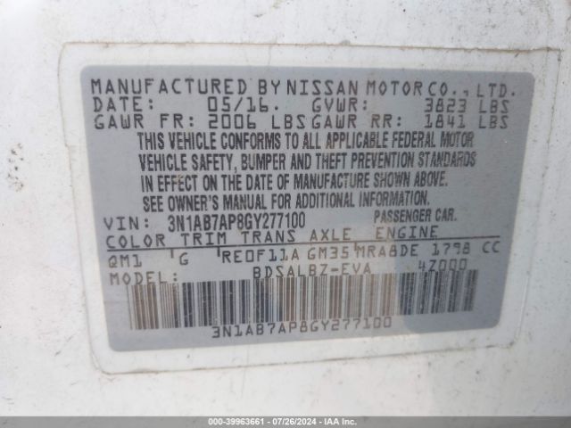 3N1AB7AP8GY277100 Nissan Sentra Fe+ S/s/sl/sr/sv