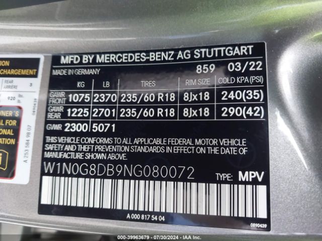 W1N0G8DB9NG080072 Mercedes-Benz Glc 300 Suv