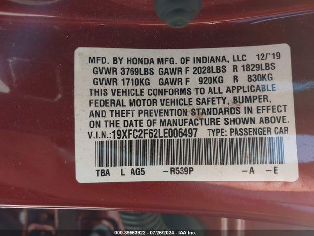 Honda Civic Lx 2020 19XFC2F62LE006497 Image 9