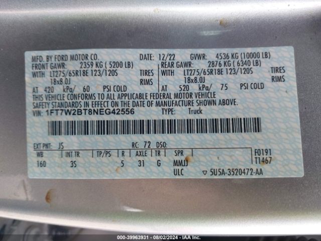 1FT7W2BT8NEG42556 Ford F-250 Xlt