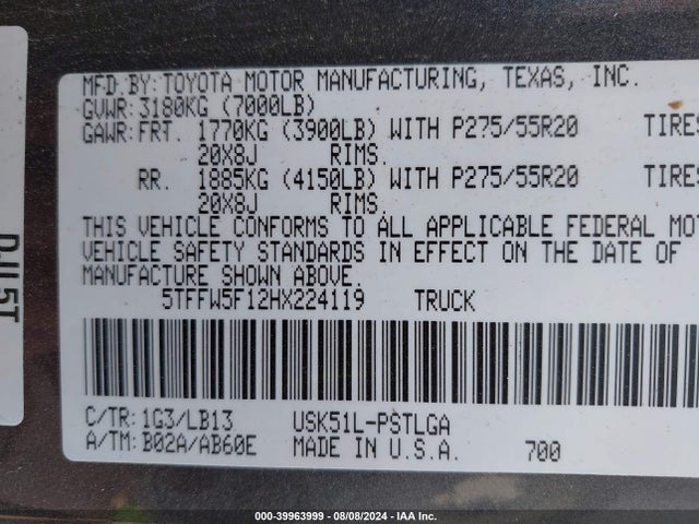5TFFW5F12HX224119 Toyota Tundra Limited 5.7l V8