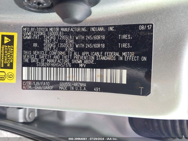 Toyota Highlander Le Plus 2017 5TDBZRFH6HS457176 Image 9