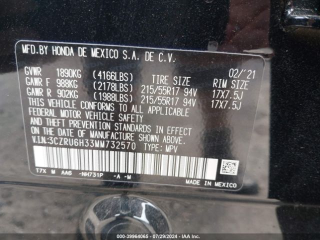 3CZRU6H33MM732570 Honda Hr-v Awd Lx