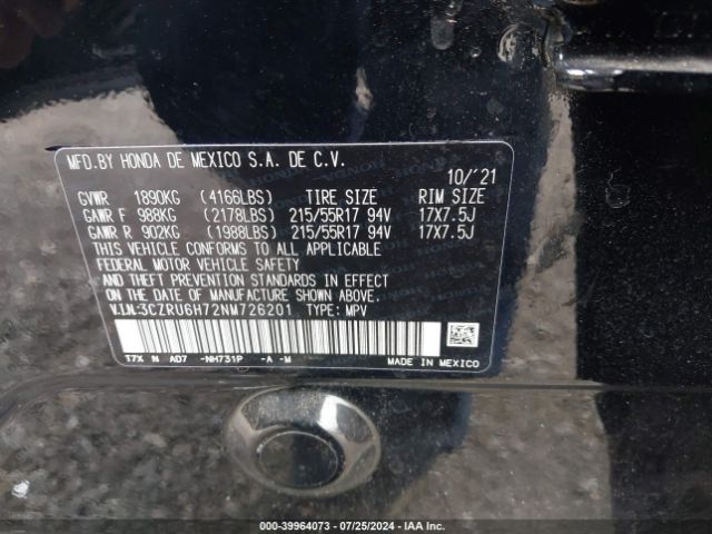 3CZRU6H72NM726201 Honda Hr-v Awd Ex-l