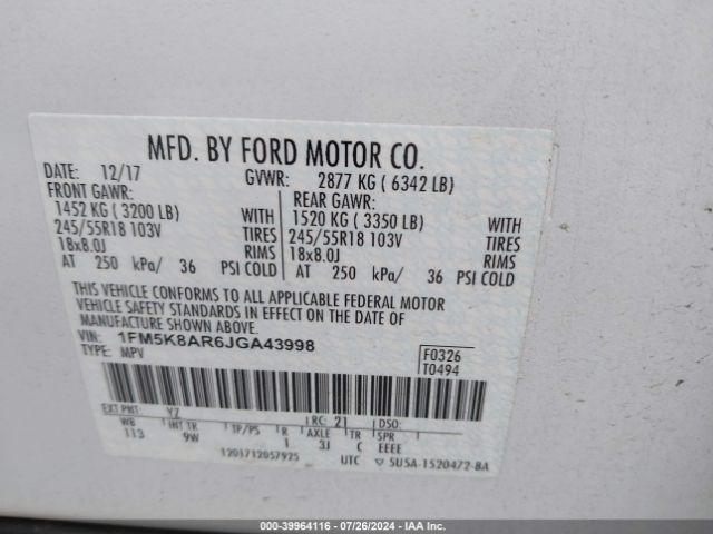 1FM5K8AR6JGA43998 Ford Police Interceptor Utility