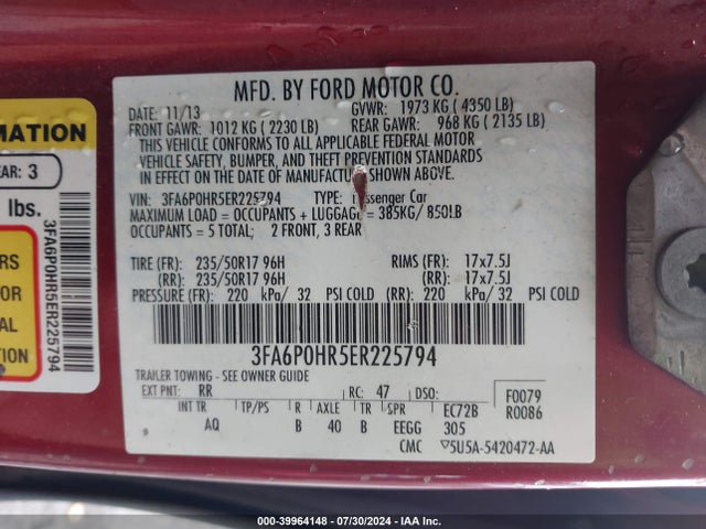 Ford FUSION SE 2014 3FA6P0HR5ER225794 Image 9