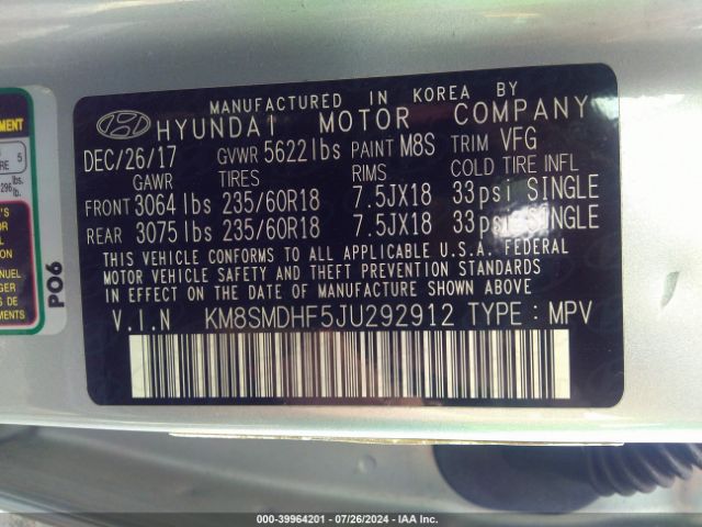 KM8SMDHF5JU292912 Hyundai Santa Fe Se