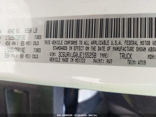 3C6URVJG0JE155258 RAM Promaster 3500 Cargo Van High Roof 159 Wb Ext