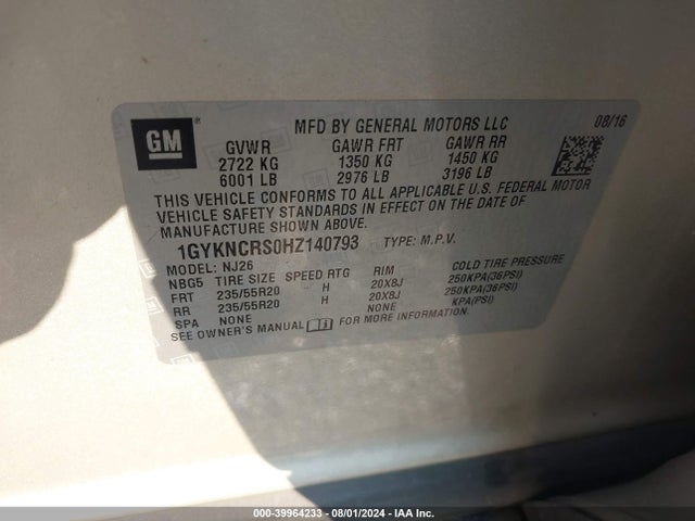 1GYKNCRS0HZ140793 Cadillac Xt5 Premium Luxury