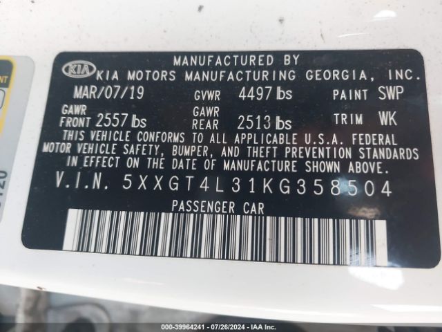 5XXGT4L31KG358504 KIA Optima Lx