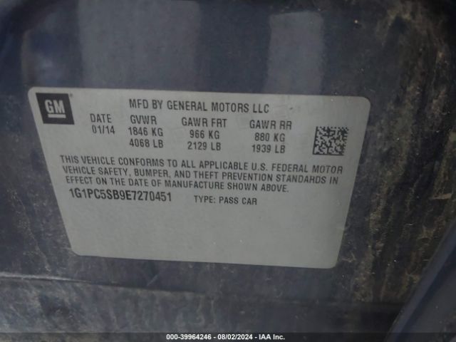 1G1PC5SB9E7270451 Chevrolet Cruze 1lt Auto